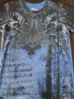 Y2K Helix By Affliction Men's Rare Blue Black Grunge Skull Grahic Tee, Sz S